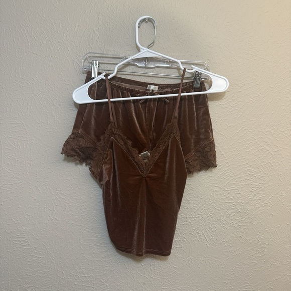 Brown Lace Trim Velvet Cami Top and Shorts Set - Picture 1 of 6